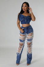 Draped Embellishment Cutout Straight Leg Jeans