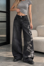 Floral Vine Embroidered Wide Leg Jeans