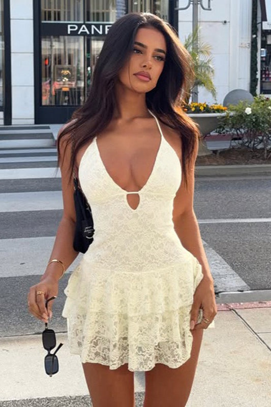 V Neck Halter Bodycon Mini Lace Dress Main image