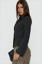 Pinstripe Flared Sleeve Fitted Button Front Blouse
