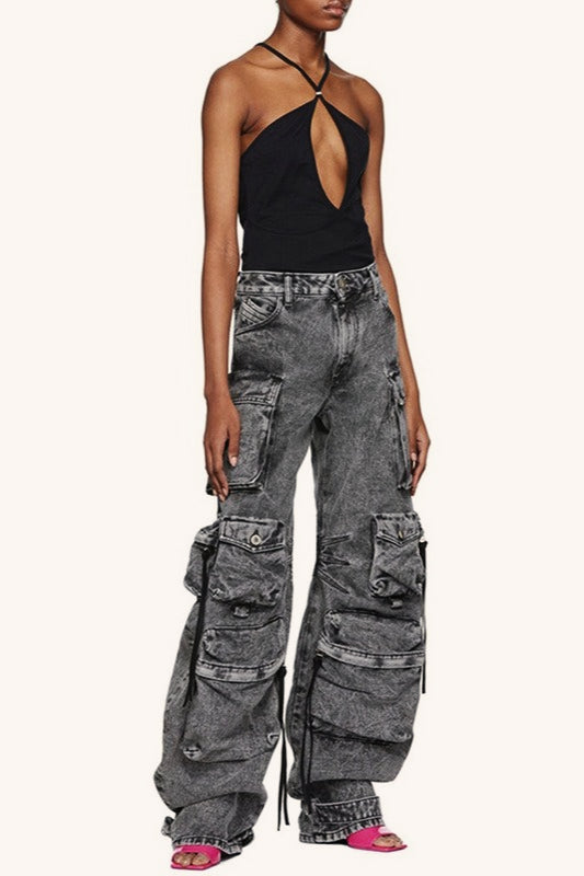 Street Style Washed Gray Patchwork Multi Pocket Cargo Wide Leg Pants Main image