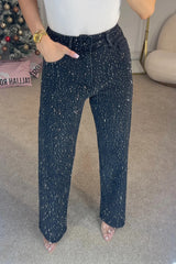 High Waist Crystal Embellished Washed Straight Jeans