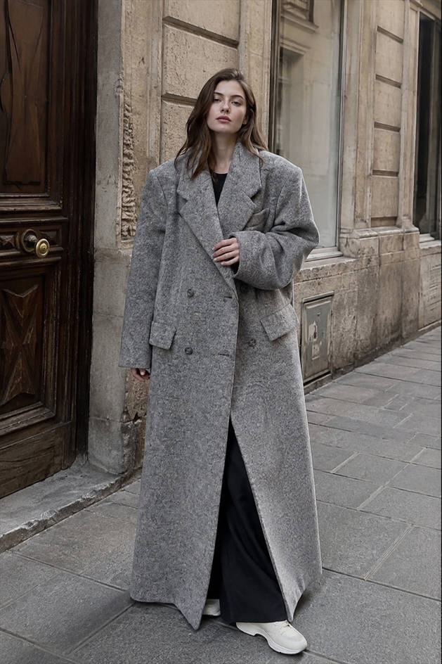 Button Detail Wool Blend Overcoat