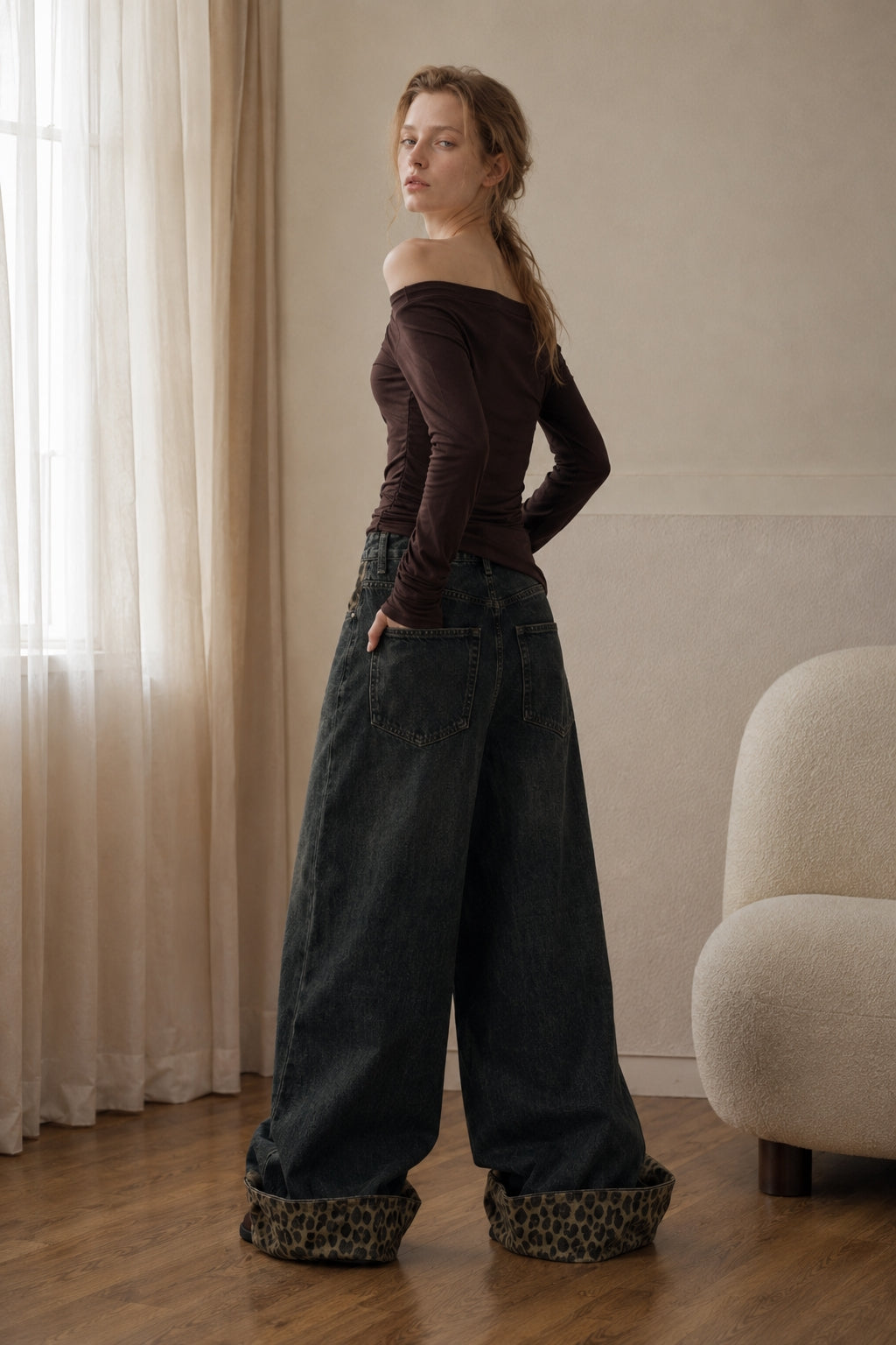 Patchwork Vintage Leopard Cuffed Wide Leg Jeans