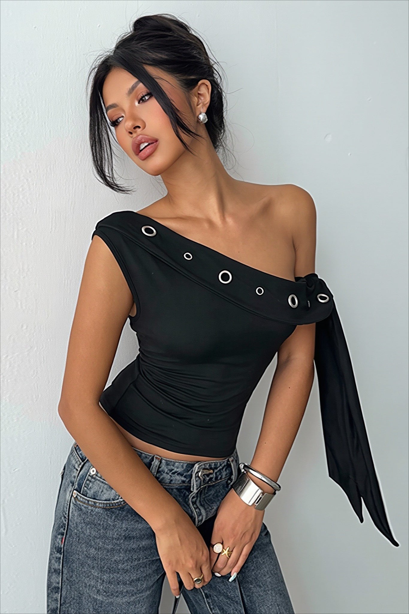 One-Shoulder Eyelet Sash Detail Crop Top