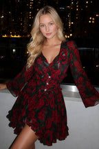 V Neck Long Sleeve A Line Floral Dress