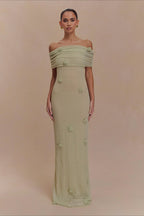 Floral Applique Off Shoulder Knit Maxi Dress