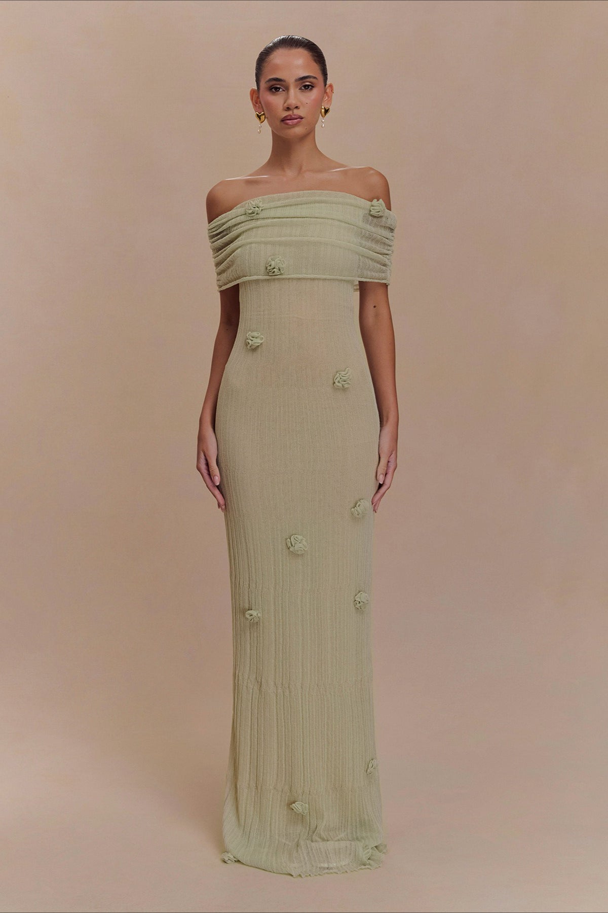Floral Applique Off Shoulder Knit Maxi Dress