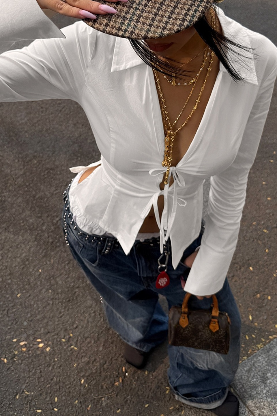 Vintage Bow Tie Waist Slim Cutout Split Long Sleeve Blouse Main image