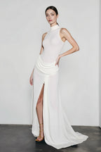 Slit Open Back Halter Ruched Maxi Vacation Dress