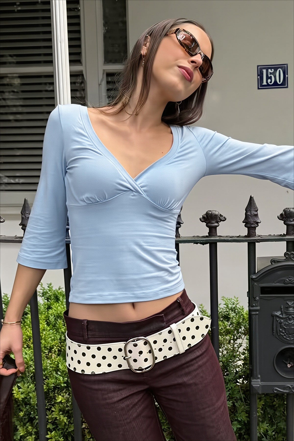 Ruched Deep V Three Quarter Sleeve T-Shirt