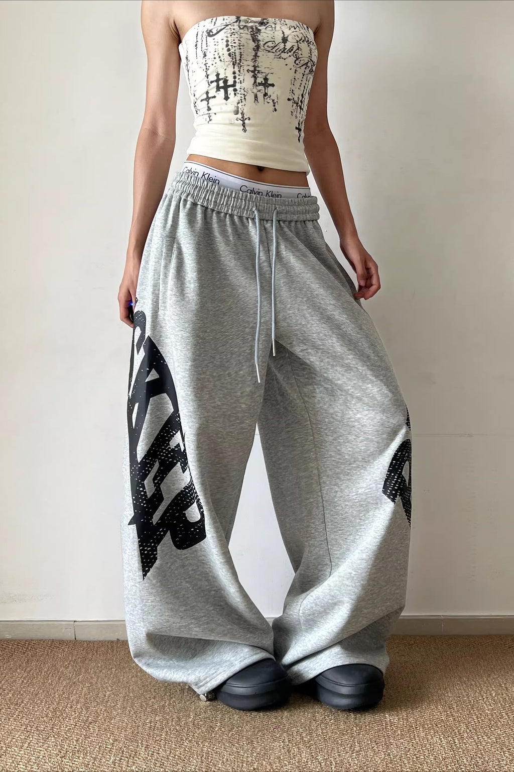 Oversized Letter Print Wide Leg Pants