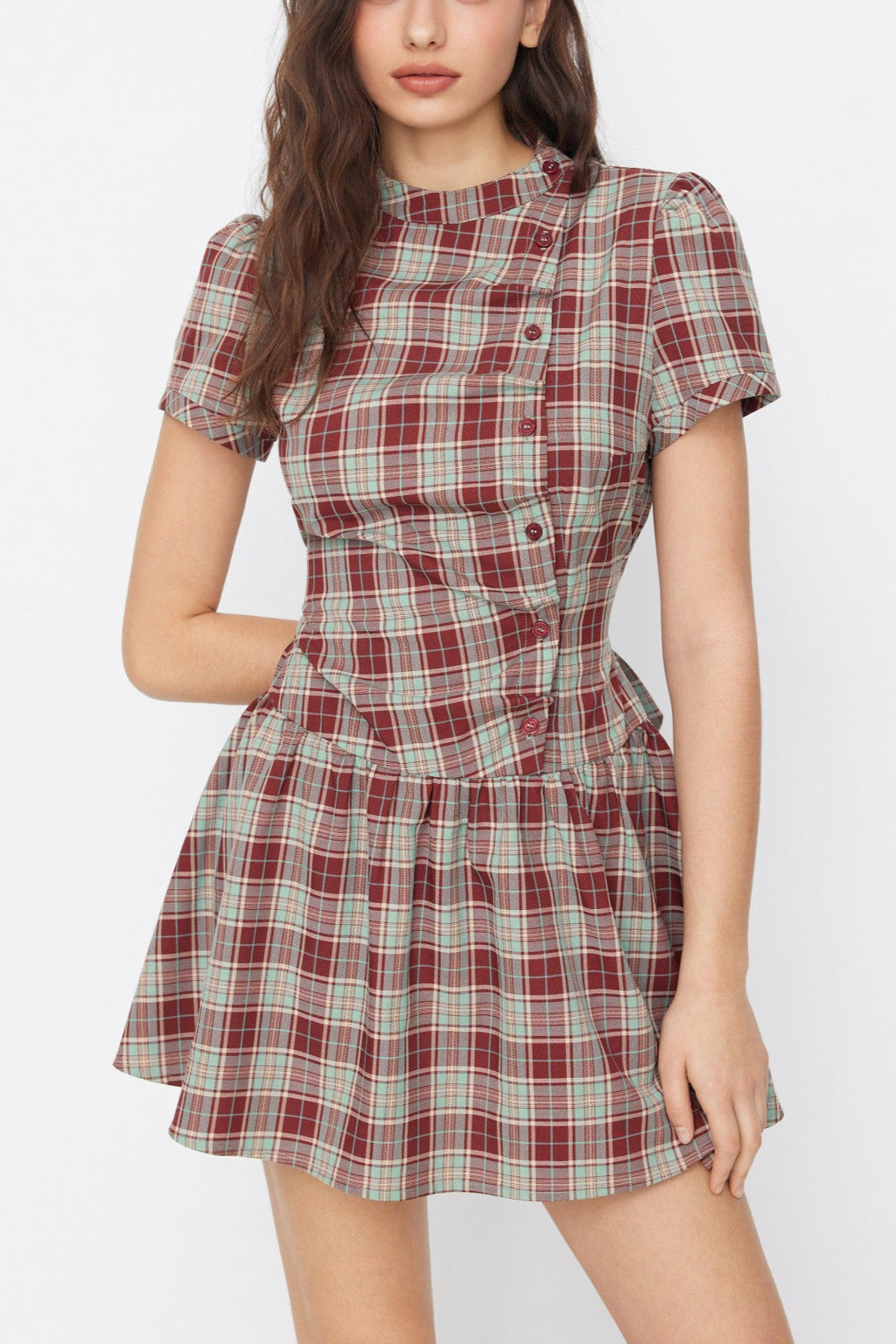 Plaid Mock Neck Pleated Mini Dress