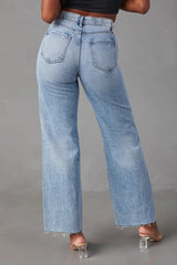 Distressed Ripped Raw Hem Washed Straight Jeans