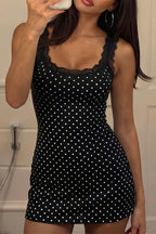 Polka Dot Lace Panel Bodycon Mini Dress