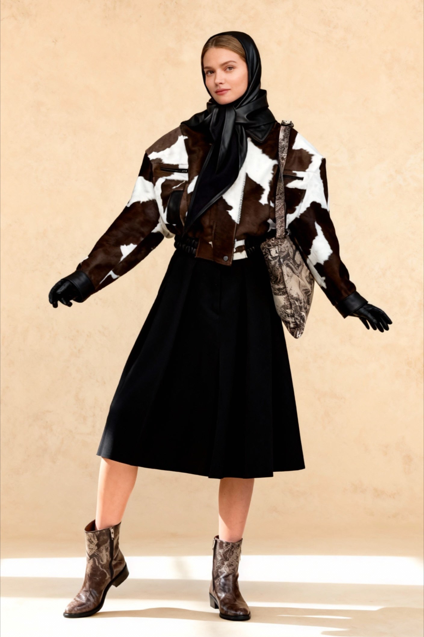 Cow Print Faux Leather Notch Collar Coat Main image