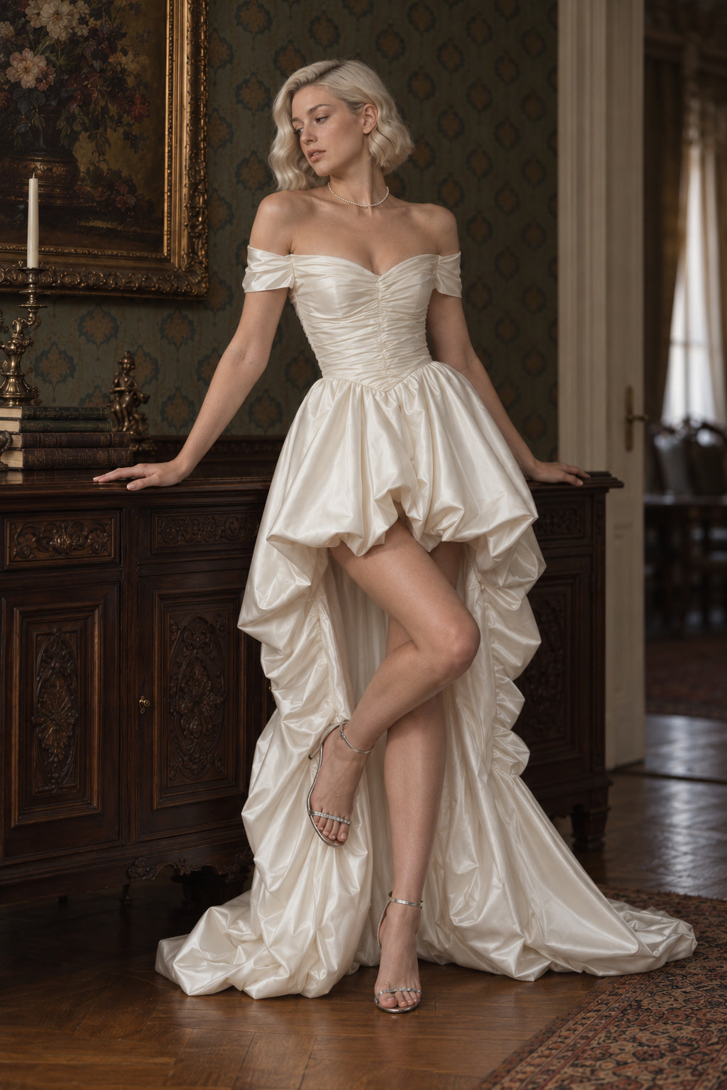 Satin Off Shoulder High Low Reception Dress Main image