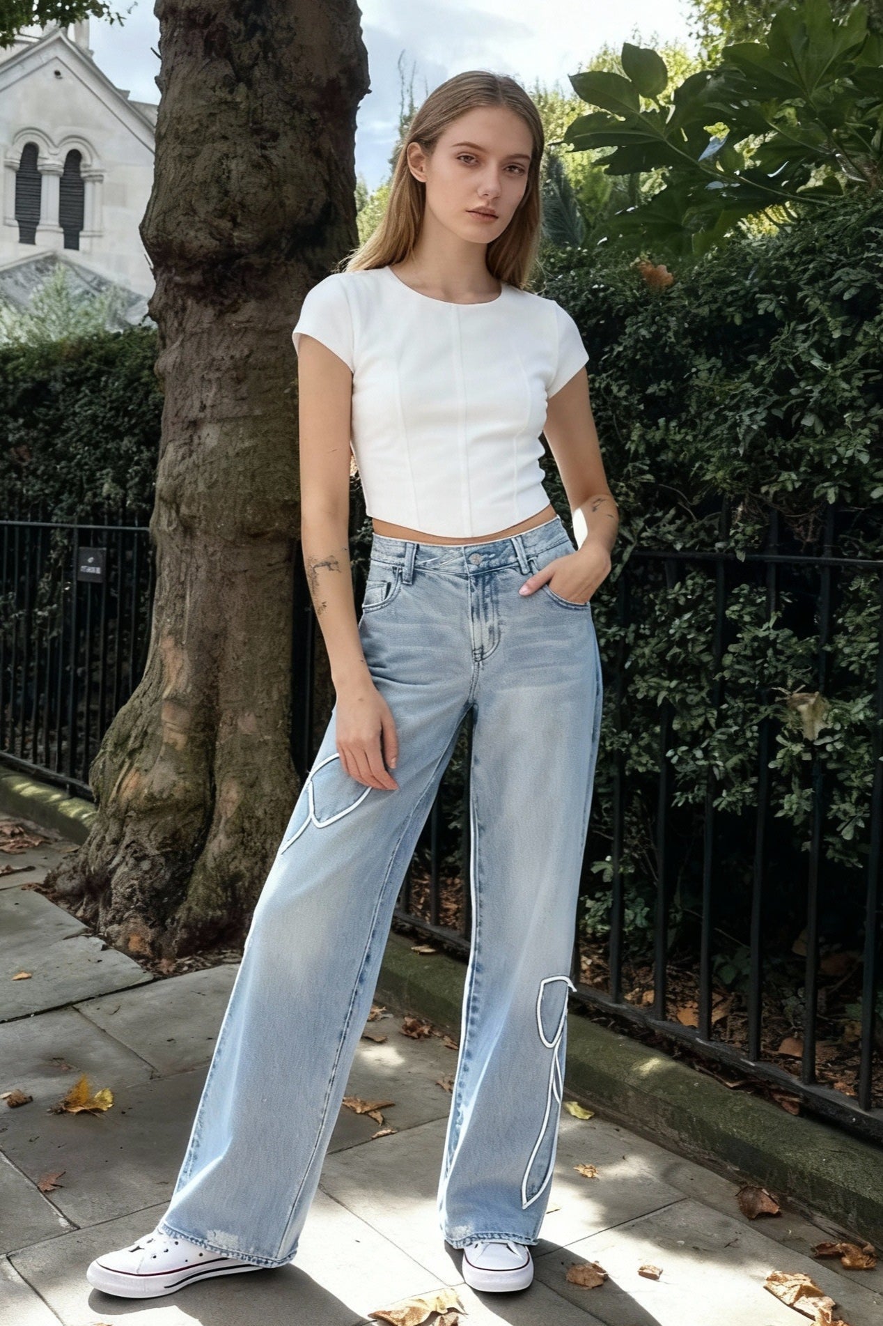 Embroidered Butterfly Raw Hem Jean Main image