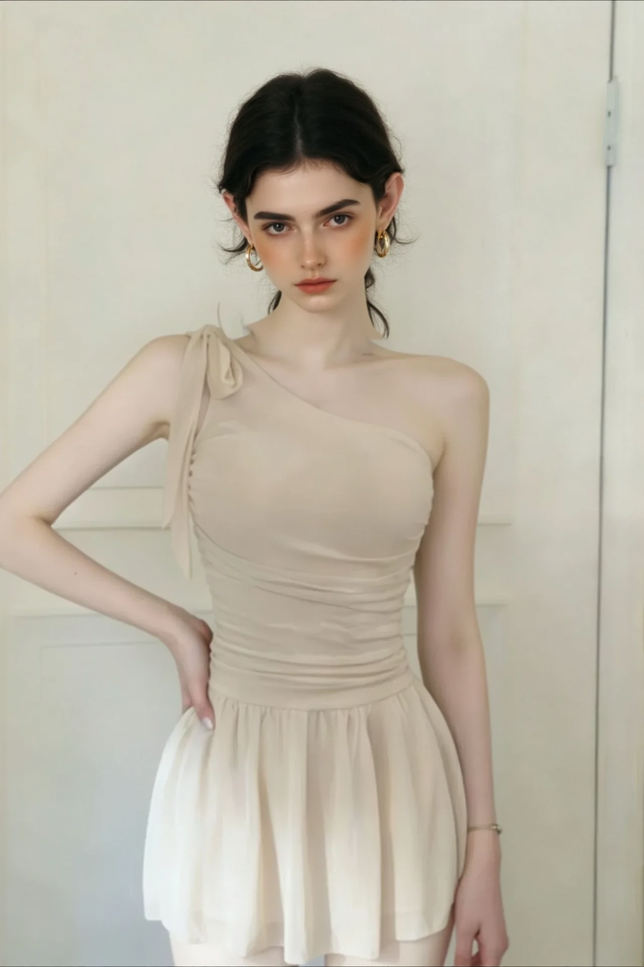 Romantic Solid Waist Cinch One Shoulder Bow One Piece Swimwear Main image