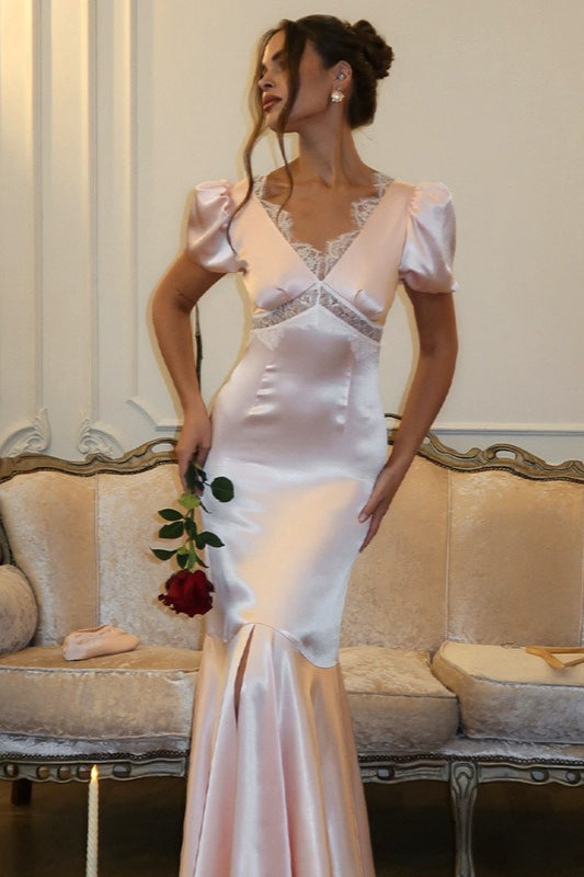 V-Neck Lace Panel Short Sleeve Slit Mermaid Lace Dress Main image