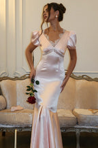 V-Neck Lace Panel Short Sleeve Slit Mermaid Lace Dress