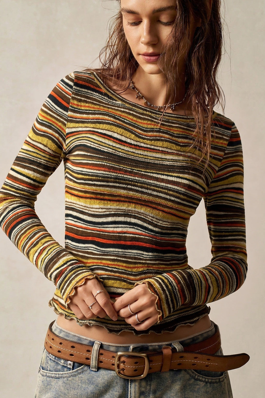 Retro Stripe Knit Cropped Long Sleeve T-Shirt
