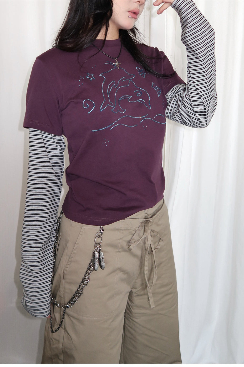 Dragon Graphic Striped Layered Long Sleeve T-Shirt