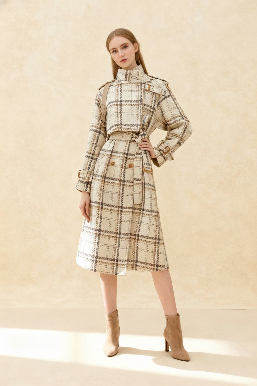 Autumn Winter Long Loose Warm Plaid Wool Blends Sleeve Belt Double Breasted Woolen Stylish Coat Secondary image