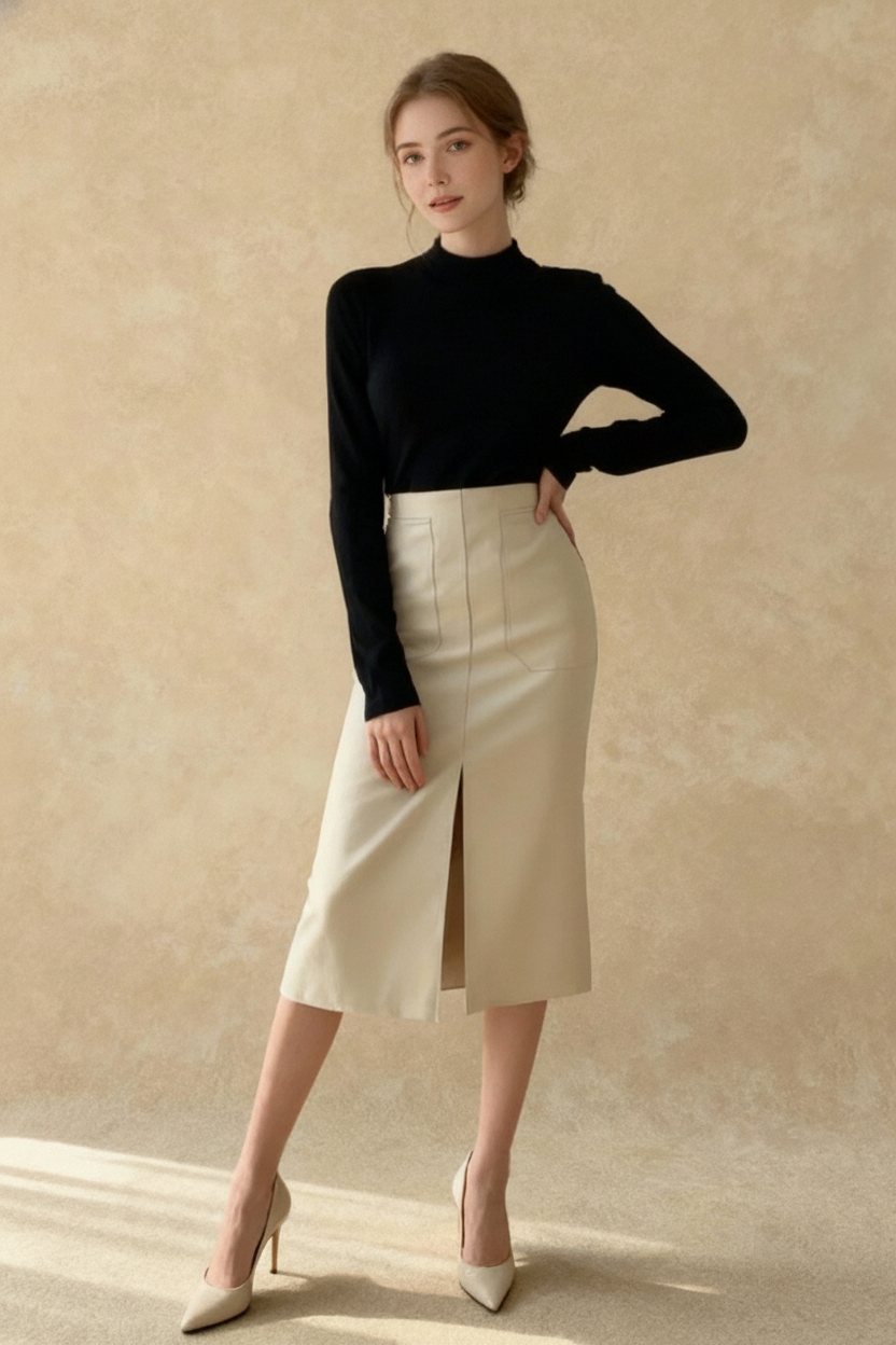 Fall Winter Chic Split Design Slim Straight Faux Leather Skirt Main image