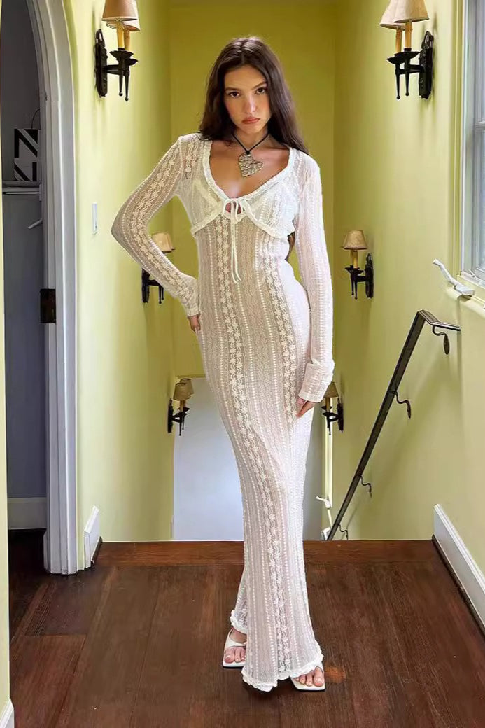 V Neck Long Sleeve Split Lace Dress Main image