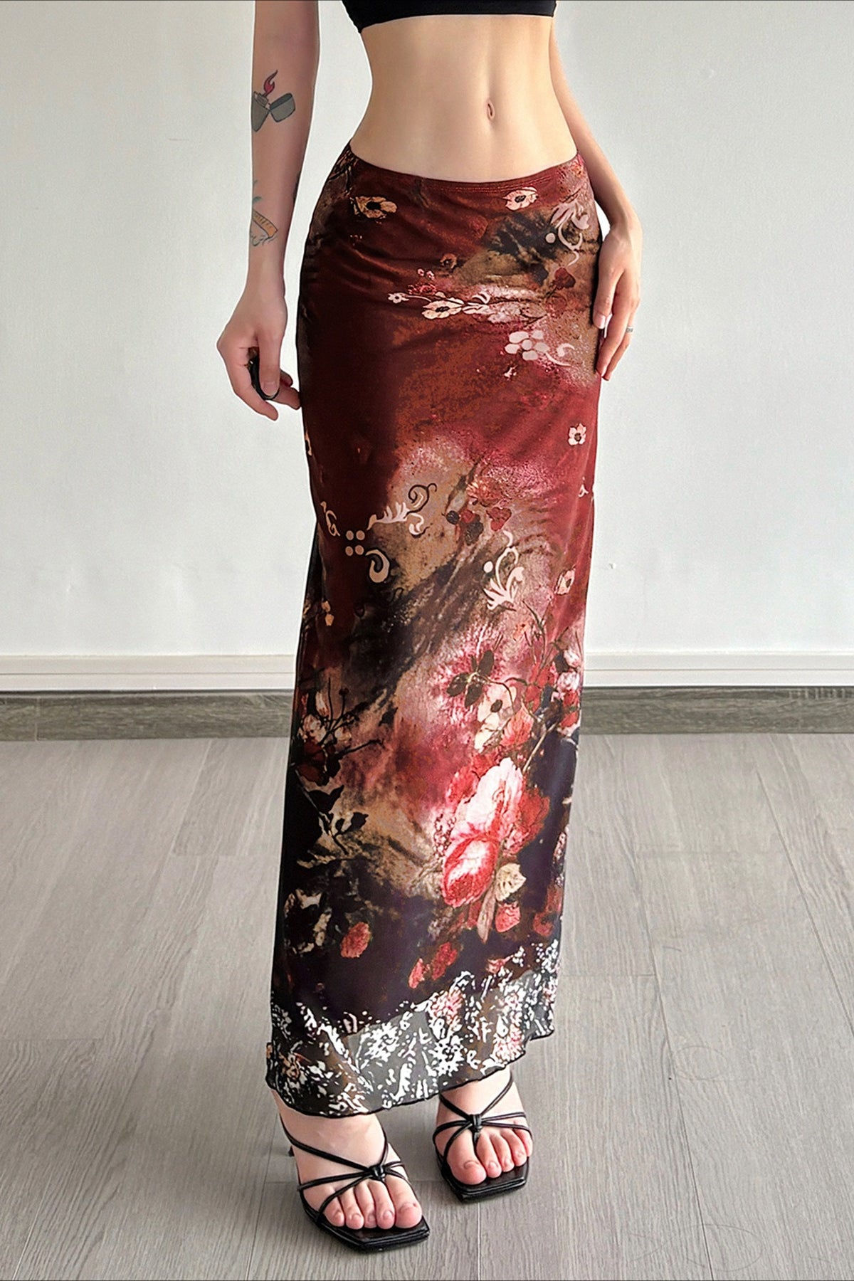 Vintage Art Print Sheer Panel Bodycon Skirt Main image