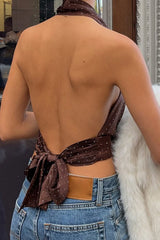 Polka Dot Color Block Backless Halter Crop Top