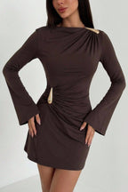 Metal Cuff Boat Neck Bell Sleeve Ruched Mini Dress