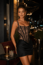 Square Neck Lace Print Ruched Patchwork Slip Dress
