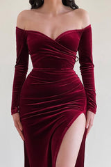 Sexy Off Shoulder High-Slit Velvet Formal Dress