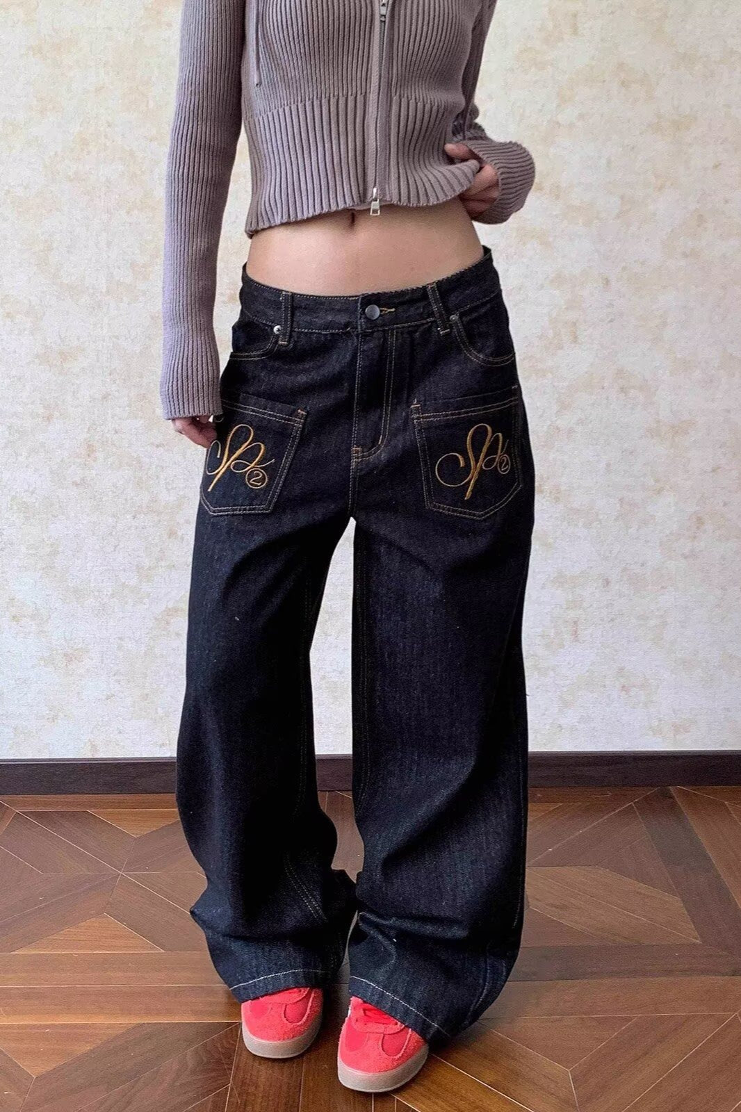Embroidered Washed Curved Leg Wide Jeans Main image