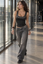 Solid Studded V Neck Tank Top