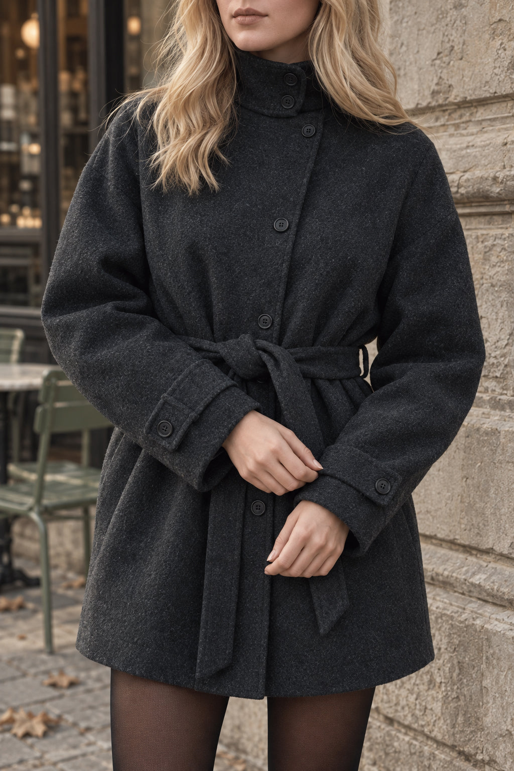 Fashion High Neck With Belt Woolen Overcoats