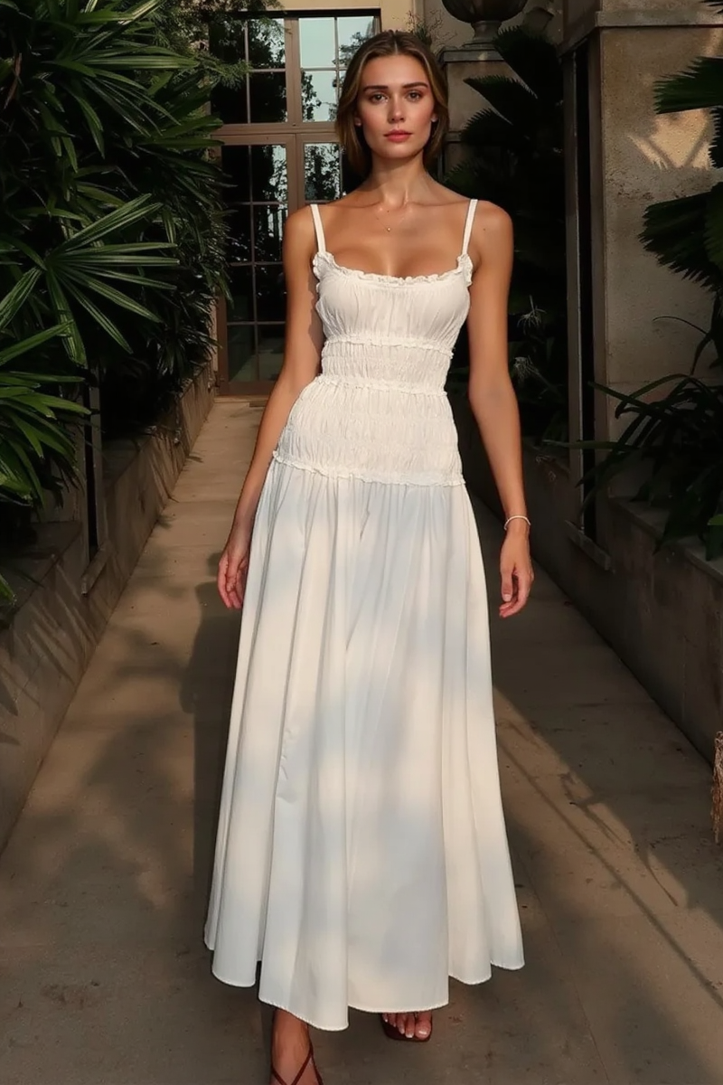 White Smocked Cotton Maxi Slip Dress Main image