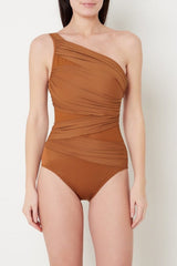 One Shoulder Solid Ruched Asymmetric High Waist One Piece Swimwear