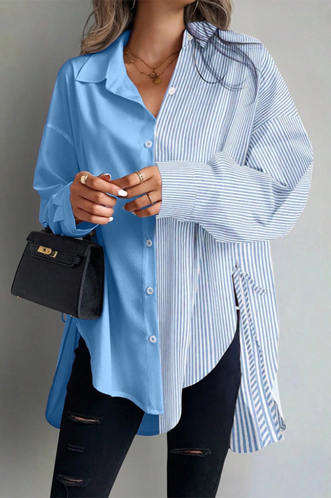 Striped Plus Size Asymmetric Panel Side Tie Button Blouse Main image