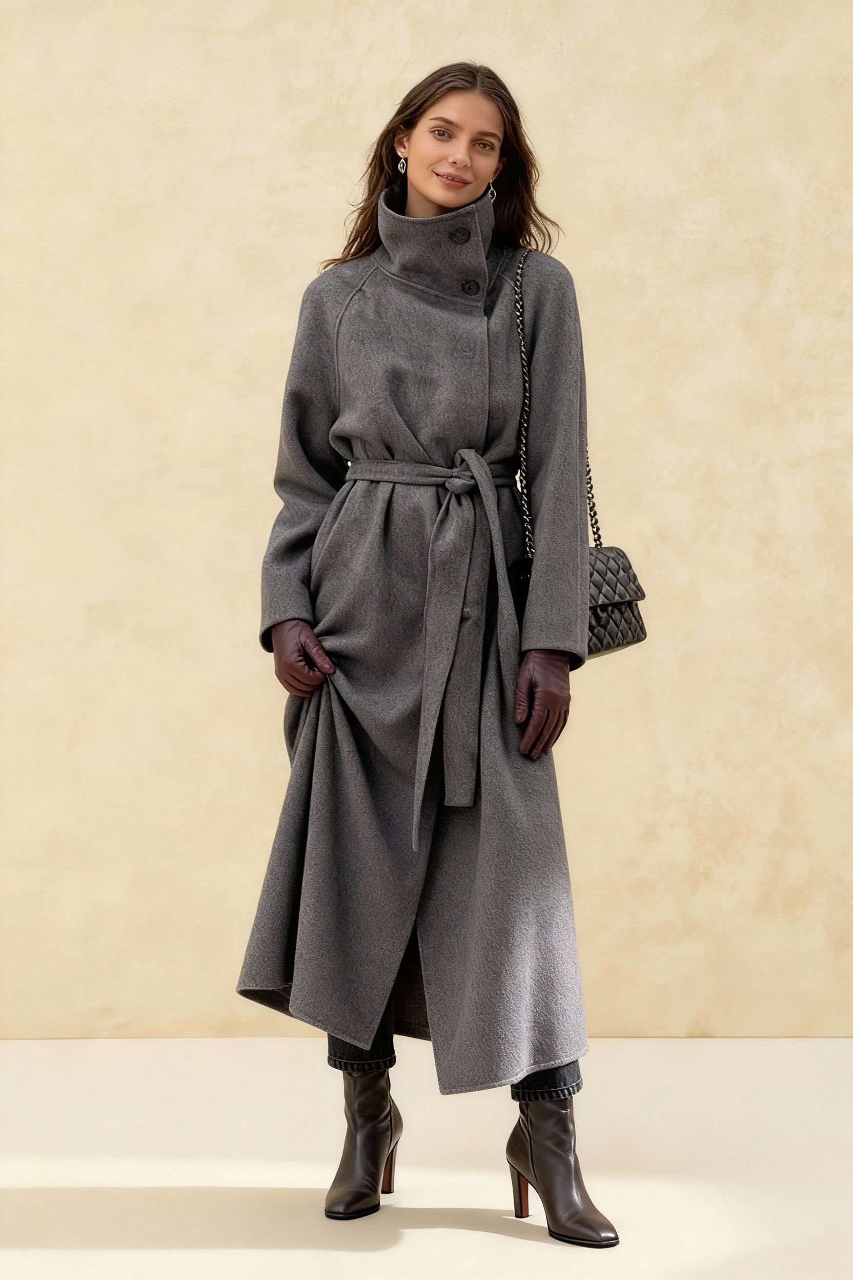 Grey High Collar Long Woolen Coat Main image