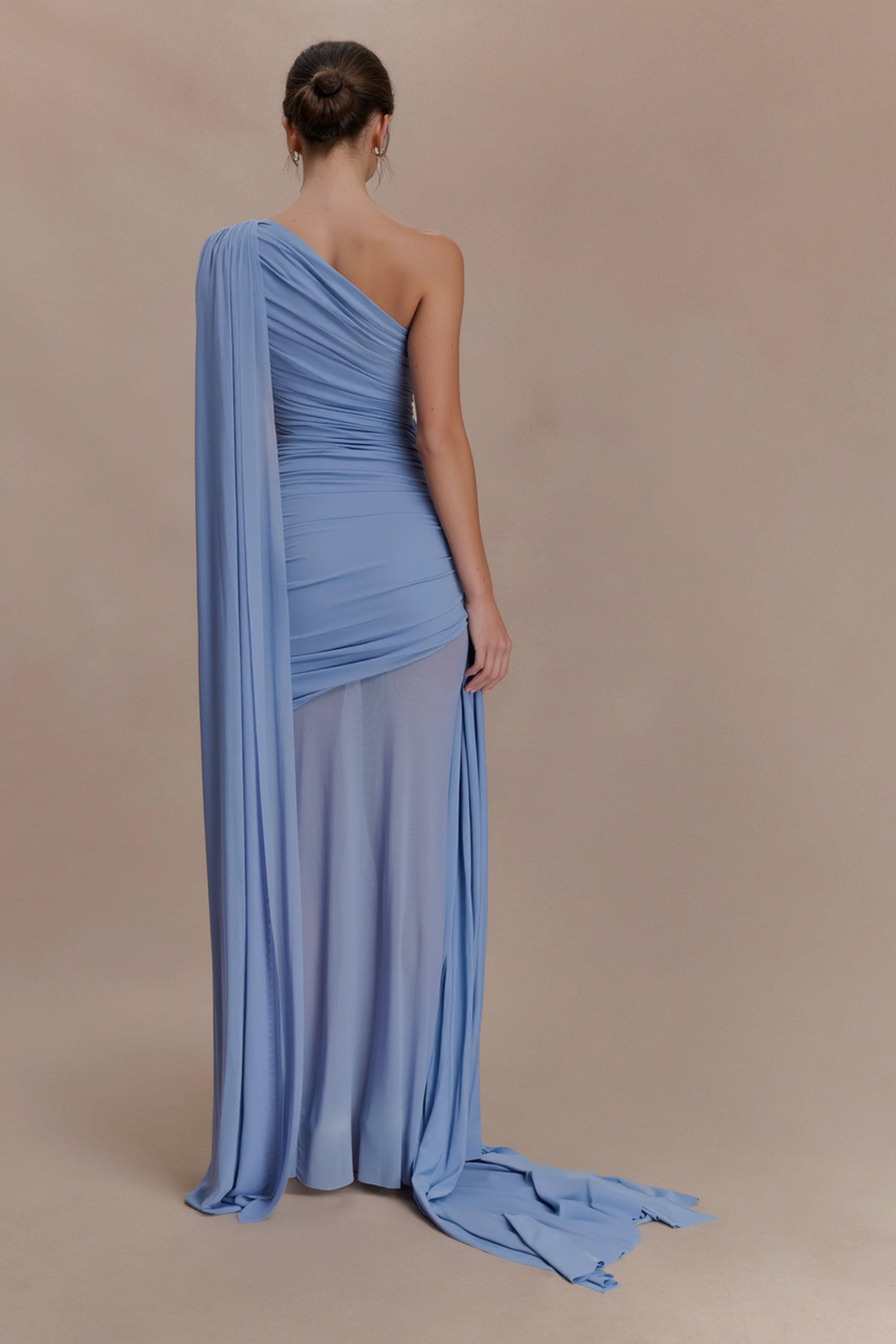 Elegant Mesh Paneled One Shoulder Cape Fitted Party Dress Secondary image