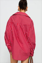 Oversized Red Stripe Long Sleeve Button Blouse