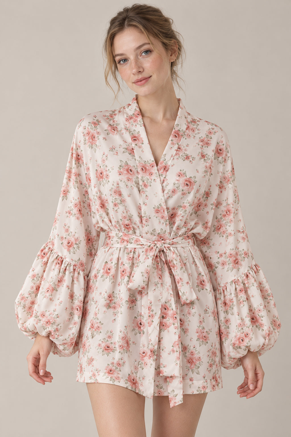 Satin Floral Print Puff Tie A Line Mini Dress
