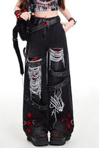Distressed Patchwork Cargo Wide Leg Jeans