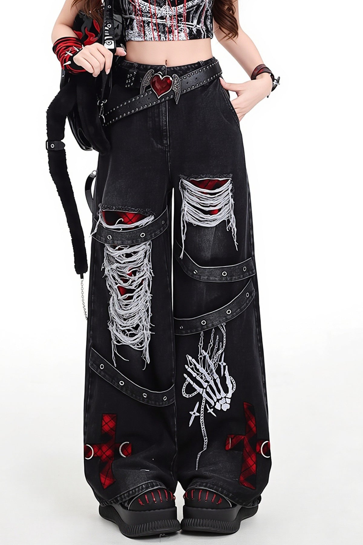 Distressed Patchwork Cargo Wide Leg Jeans