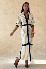 Striped Lapel Button Long Sleeve Shirt Dress