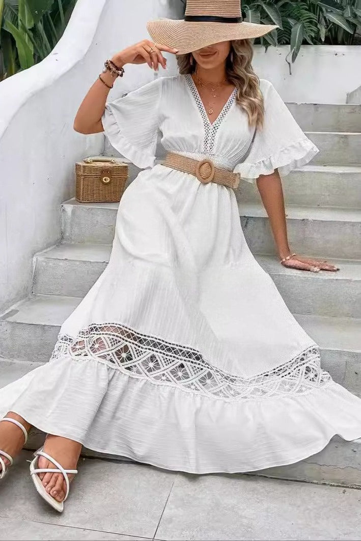 Solid Color V Neck Lace Paneled Chic Boho Dress Main image