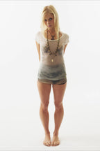 Sheer Distressed Graphic Fitted Short Sleeve T-Shirt